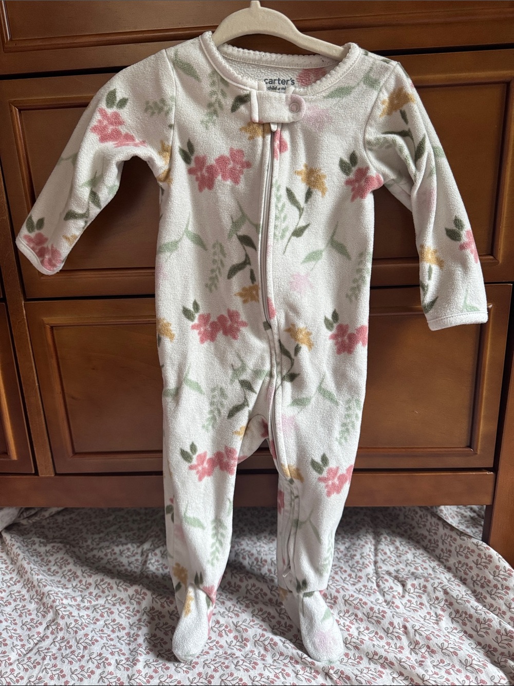 Carter's Cream Fleece Footed One-Piece with Pink and Yellow Floral Print